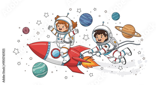 Astronauts flying through space with rocket ship and planets around them illustration