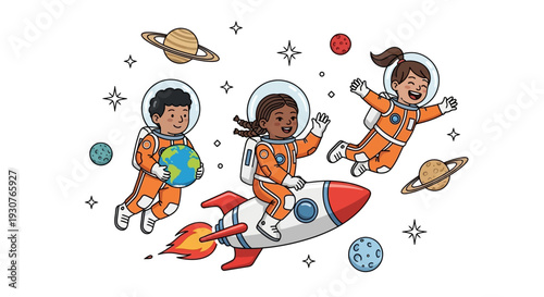 Children in orange space suits flying a rocket through the cosmos with planets surrounding them