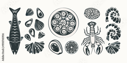 A collection of hand drawn seafood illustrations in black and white