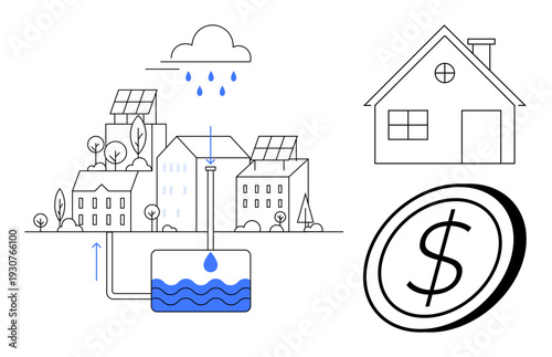 Sustainability, water conservation, renewable energy, eco-friendly housing, cost efficiency, environmental design. Rainwater collection in urban homes with solar panels and monetary benefits