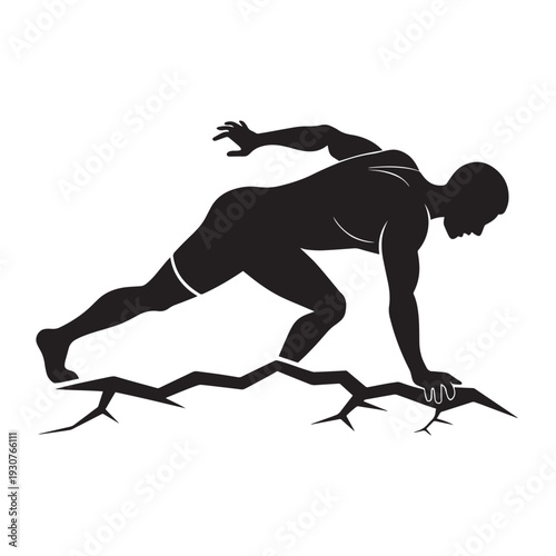 Dynamic silhouette of a male runner at the starting line on cracked ground, preparing to race, athletic man ready to sprint