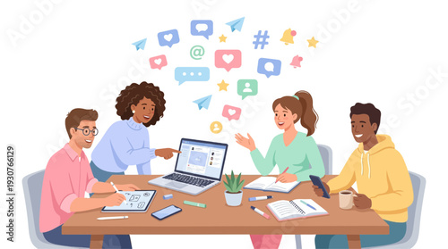 Diverse team collaborating on social media strategy with digital tools and communication icons floating above their discussion.