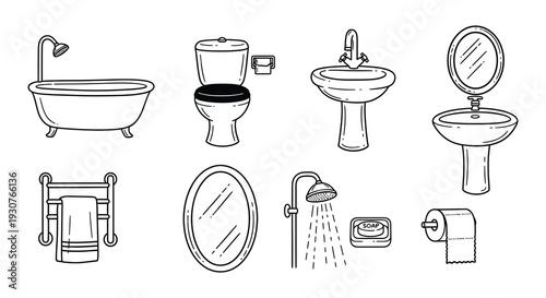 Line art illustration of various bathroom fixtures and accessories