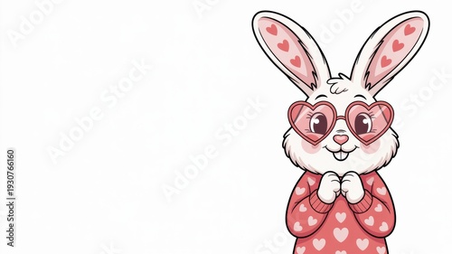 Festive bunny, wears pink heart-shaped glasses, his ears are decorated with a scattering of small hearts. A photo with a place for the text.
