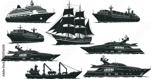 Black silhouette collection various ships cruise liner sailing yacht cargo vessel container ship luxury yacht tall ship freighter, nautical marine vector illustration for sea designs logos