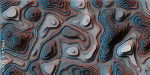 Abstract topographic contour lines with gradient shading and neon blue and orange outlines creating a dimensional layered landscape effect