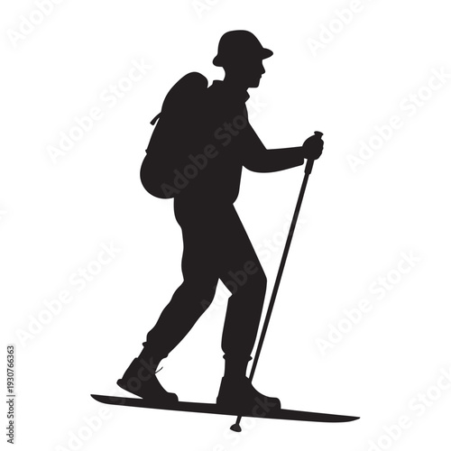 Hiking silhouette of traveler with backpack and trekking poles walking on trail representing outdoor adventure exploration nature tourism and active lifestyle on white background