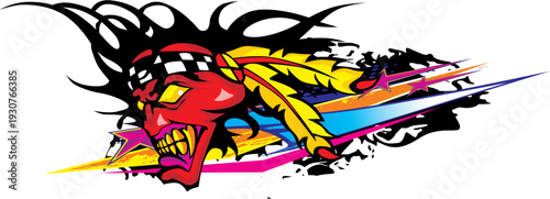 Aggressive Native American Warrior Skull Mascot with Headdress and Racing Stripes