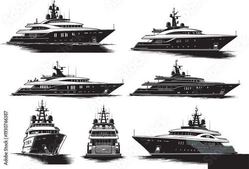 Black silhouette luxury yacht superyacht collection multiple views side profile front view modern motor yacht, nautical marine vector illustration for wealth travel designs logos