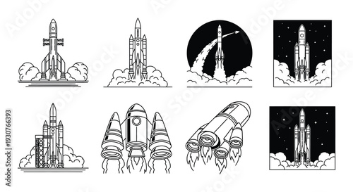 Collection of monochrome rocket ship illustrations in various stages of flight