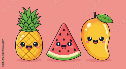 Cute Kawaii Pineapple Watermelon and Mango Fruits Vector Illustration