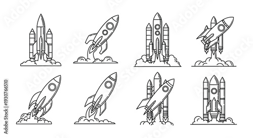Collection of monochrome rocket ship illustrations in various stages of flight