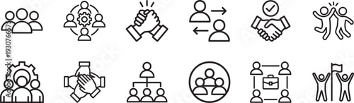 Business teamwork icon set. Modern thin line symbols for collaboration and corporate workflow.