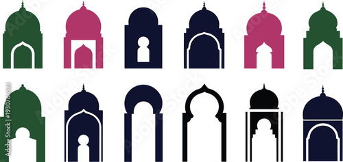 Islamic, mosque, arch, dome, silhouette, collection, Arabic, architecture, design, vector, illustration, Middle, Eastern, religious, traditional, ornamental, gateway, entrance, decorative, element