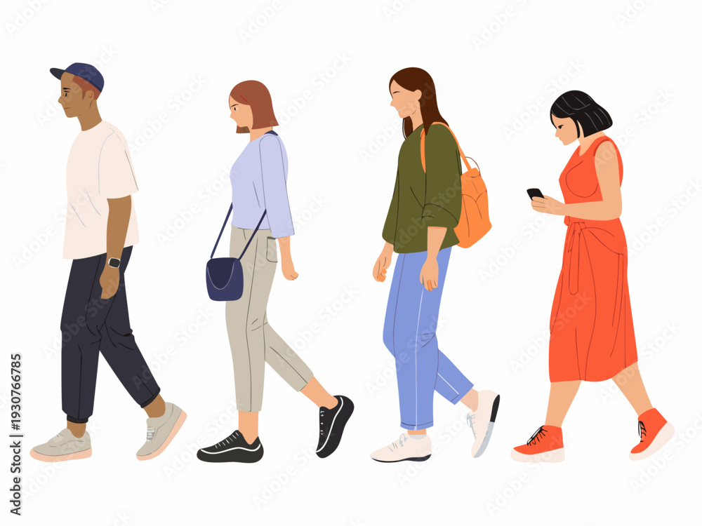 Obraz premium Four diverse individuals walking in a row depicted in a simplified flat illustration style