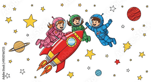 Children in space suits flying with rocket through cosmos and stars in outer space illustration