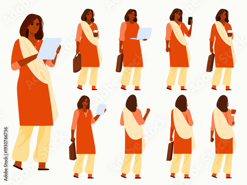 Indian woman in traditional attire depicted in various poses and actions a vector illustration