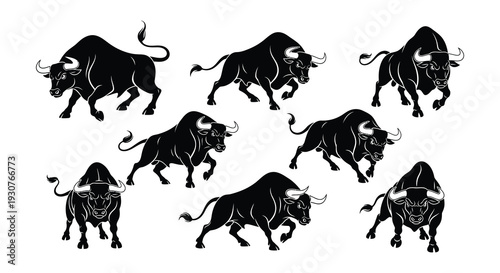 Silhouette illustrations of powerful bulls in various aggressive poses