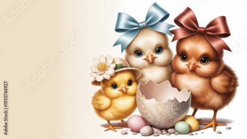 Easter chickens decorated with bows and a hat with a flower. Nearby is a broken Easter egg shell with patterns surrounded by colorful eggs. A photo with a place for the text.