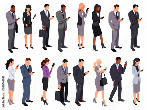 Diverse group of business professionals in suits using smartphones in a row