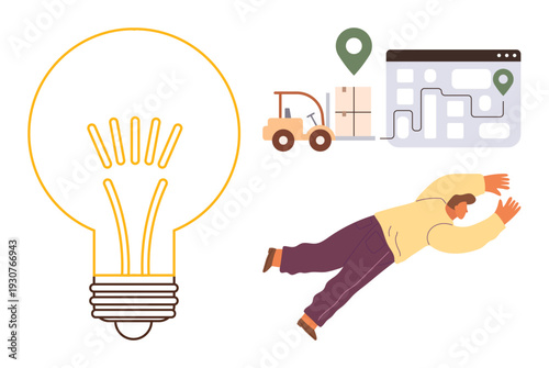 Sustainable logistics, supply chain innovations, transportation planning, problem-solving, teamwork, delivery mapping. Lightbulb, manager directing and delivery map with forklift. Logistics