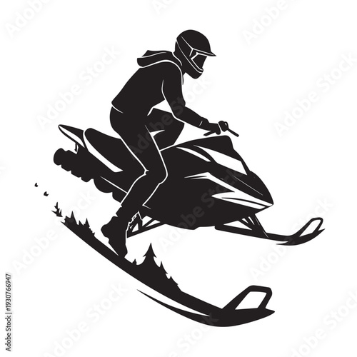 Silhouette of person riding snowmobile jumping over snow with trees and smoke effects, dynamic action shot for winter sports and adventure