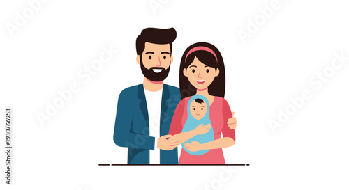 Happy family with newborn baby standing together in a loving portrait illustration