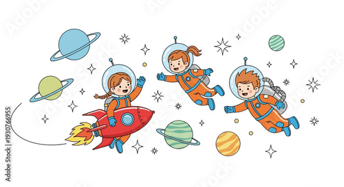 Three cartoon astronauts in orange suits flying through space with planets and stars around them in a whimsical illustration