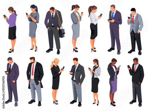 Diverse group of business professionals using smartphones in formal attire illustration
