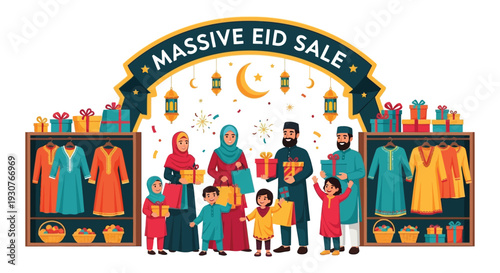 Eid sale illustration featuring a family shopping among festive decorations