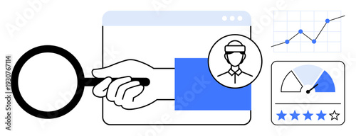Data analysis concept. Data tools for tracking performance and verifying user identity. Data trends, user security, and analytics for online business, app development, and research