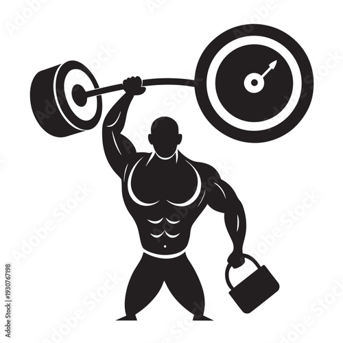 Strong weightlifter holding heavy barbell over head and kettlebell in hand, impressive display of strength and power in black and white silhouette