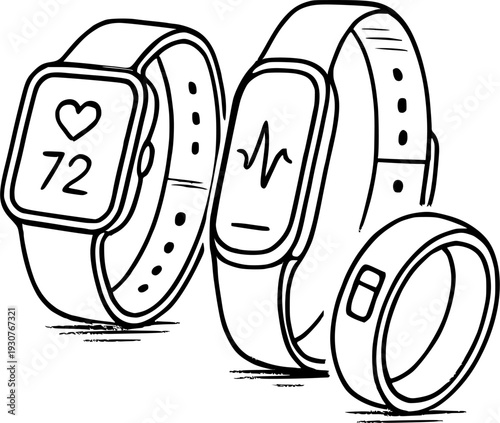 Set of wearable health fitness trackers, smartwatch, heart rate monitor band and smart ring, hand drawn doodle style vector illustration.