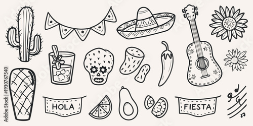 A collection of hand drawn mexican themed elements and festive illustrations
