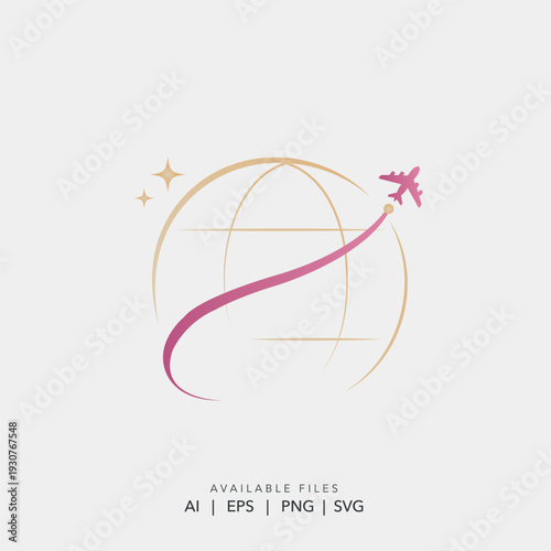 Modern Airplane Flying Around Globe Logo Icon for Travel and Aviation Industry, Abstract Global Logistics.