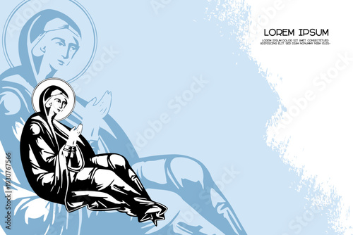 Religious vintage poster template with Blessed Virgin Mary. Christian illustration in Byzantine style