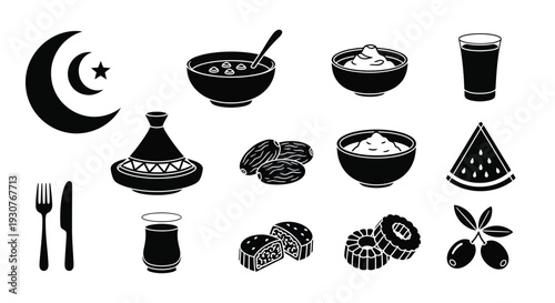 Black and white icons depicting traditional food and symbols of ramadan