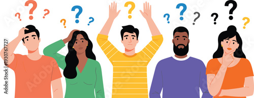 Diverse people group feeling confused with question marks, men and women thinking, searching for answers, solving problems, and making decisions together.