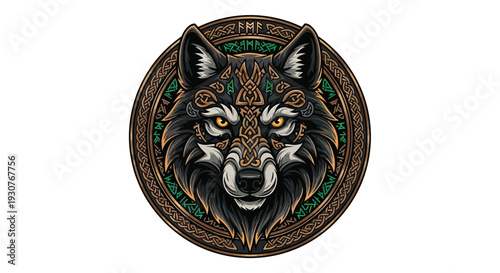 Intricate circular design featuring a wolf s head with celtic and runic elements