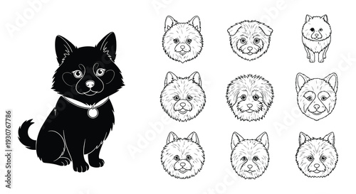 A collection of monochrome dog head illustrations in various styles