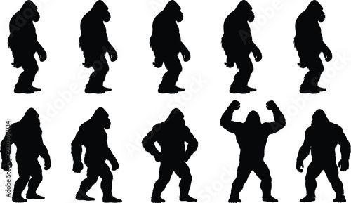 Bigfoot silhouettes in various poses sasquatch black white background