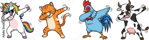 Funny dabbing animals set with unicorn, ginger cat, blue rooster, and spotted cow performing popular dance move for kids and teenagers.