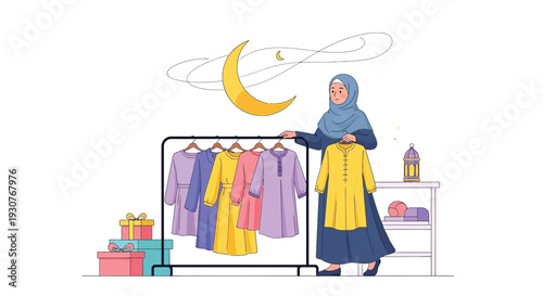 A young woman displays colorful clothing near a crescent moon