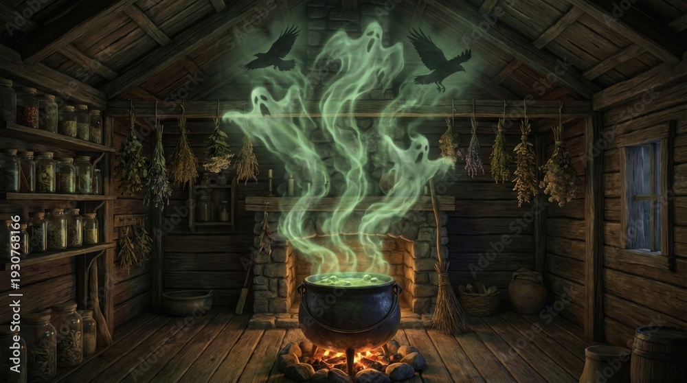 Naklejka premium Witch's cabin brewing potion creating magical ghosts