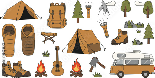 Camping gear and accessories illustration including tents trees campfire guitar and van