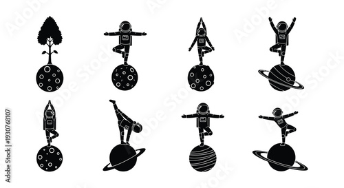 Astronauts practicing yoga poses on celestial bodies in a graphic design