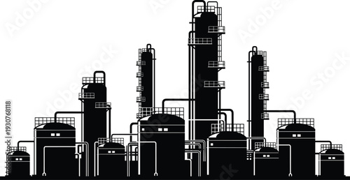 Black Industrial Oil Refinery Silhouette with Chemical Processing Plant Towers Storage Tanks and Pipeline Infrastructure for Energy Manufacturing and Heavy Industry Concept