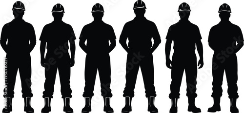 Industrial construction workers silhouette group set, professional engineers and builders wearing hard hats and safety boots, labor and teamwork concept.