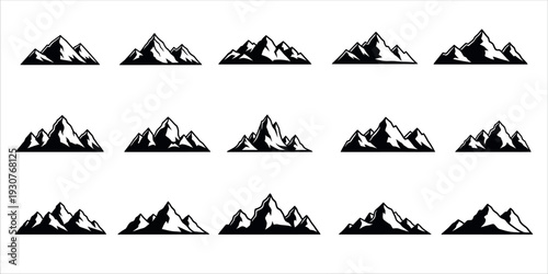 A collection of 15 identical black mountain silhouettes arranged in three rows of five on a white background