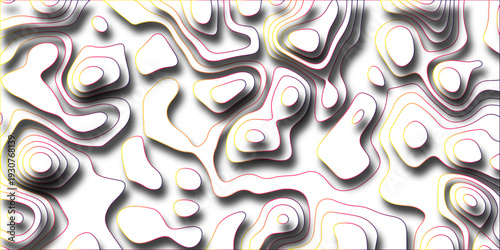 Topographic contour map abstract background with colorful gradient lines and 3D embossed effect creating a visually striking representation of elevation and terrain for science and design